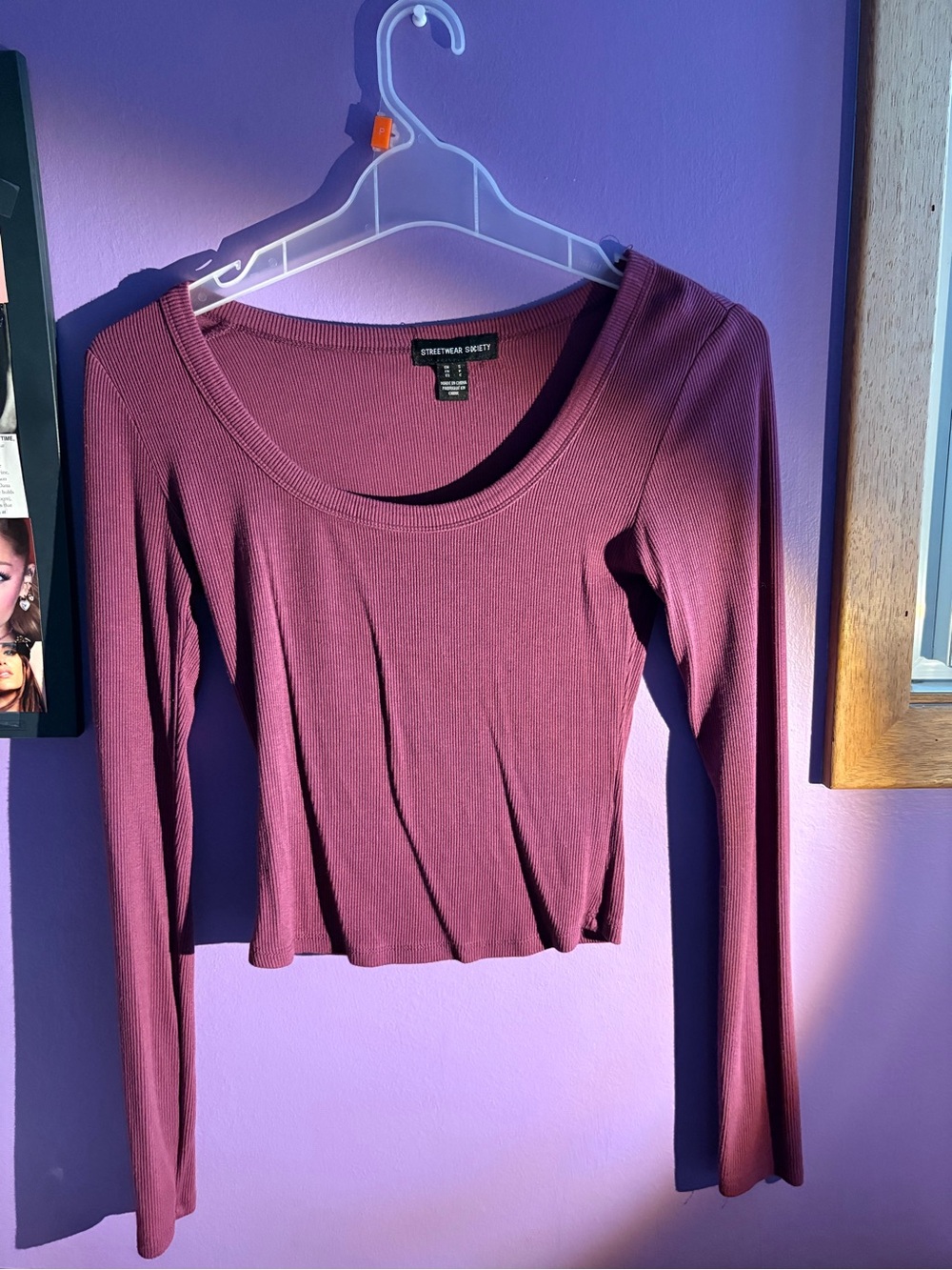 Burgundy Swoop-Neck Long Sleeve Ribbed - Picture 1 of 6